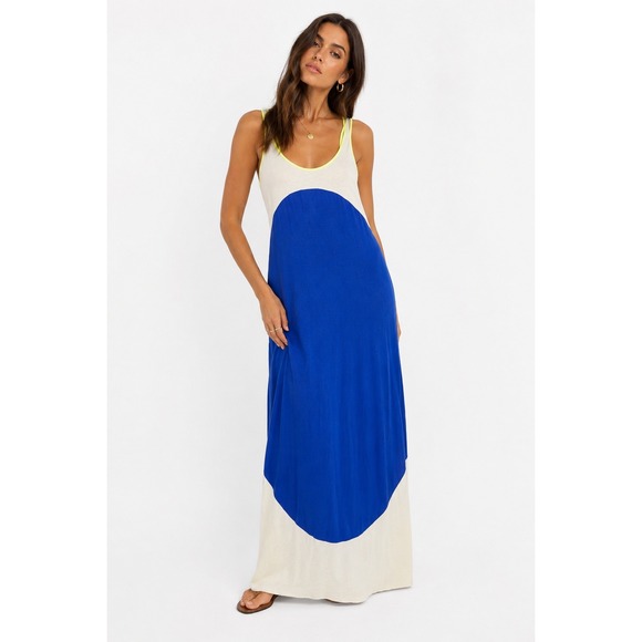 TOWNSEN Dresses & Skirts - Townsen Womens Colorblock Maxi Dress Blue White Neon Yellow Racerback Large